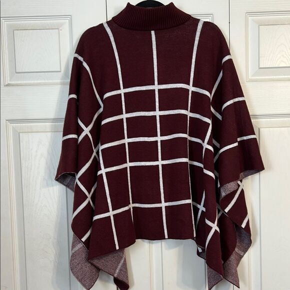 CATO One Size Fits Most Burgundy Maroon White Windowpane Grid Poncho Full Zip - Picture 6 of 7